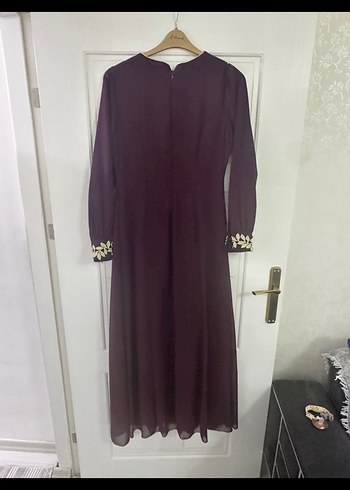 Bordo Nakışlı Uzun Kollu Uzun Elbise - Görsel 4