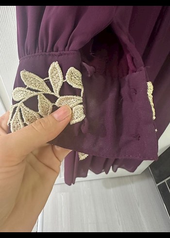 Bordo Nakışlı Uzun Kollu Uzun Elbise - Görsel 6