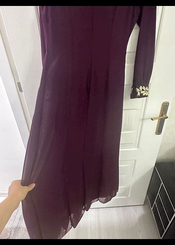 Bordo Nakışlı Uzun Kollu Uzun Elbise - Görsel 5