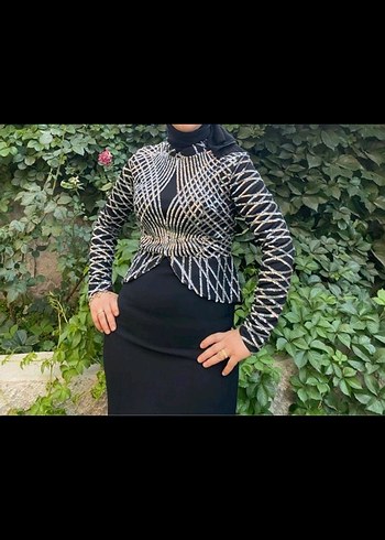 Uzun Kollu Siyah Payetli Kadın Abiye Elbise - Görsel 7