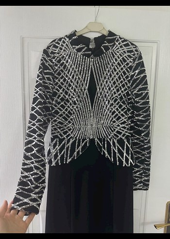 Uzun Kollu Siyah Payetli Kadın Abiye Elbise - Görsel 2