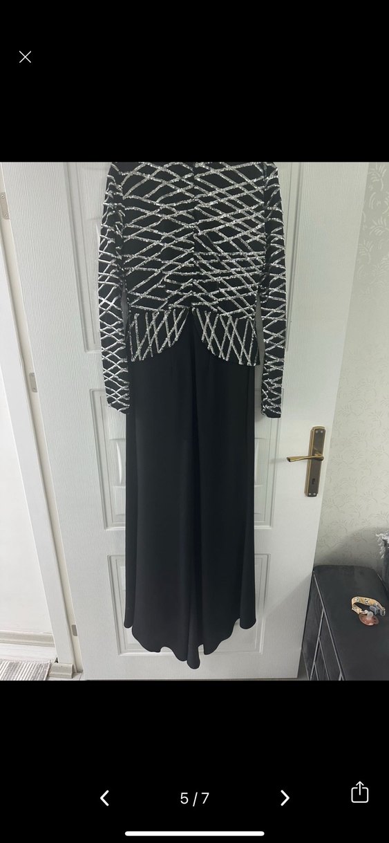 Uzun Kollu Siyah Payetli Kadın Abiye Elbise - Görsel 5