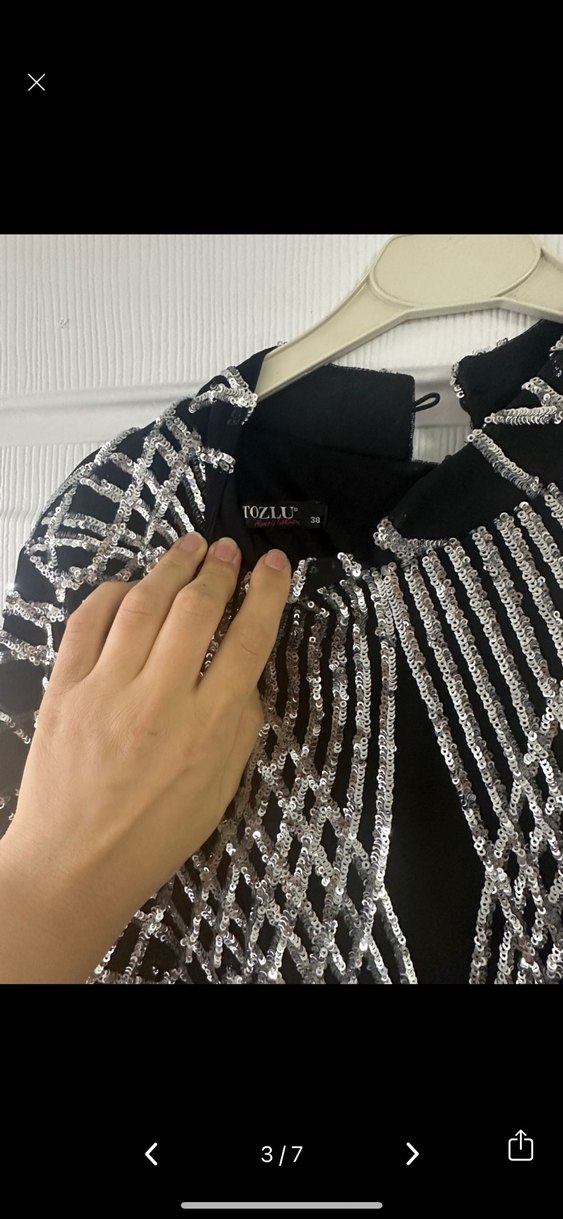 Uzun Kollu Siyah Payetli Kadın Abiye Elbise - Görsel 3