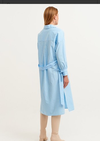 Uzun Kollu Kemerli Çizgili Kadın Elbise - Görsel 3