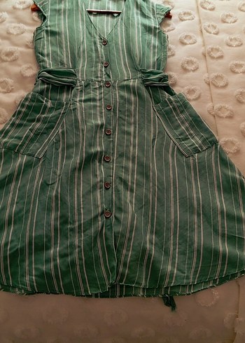 Düğmeli Çizgili Uzun Keten Elbise - Görsel 7