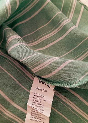 Düğmeli Çizgili Uzun Keten Elbise - Görsel 5