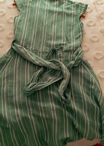 Düğmeli Çizgili Uzun Keten Elbise - Görsel 2