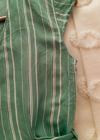 Düğmeli Çizgili Uzun Keten Elbise - Görsel 6