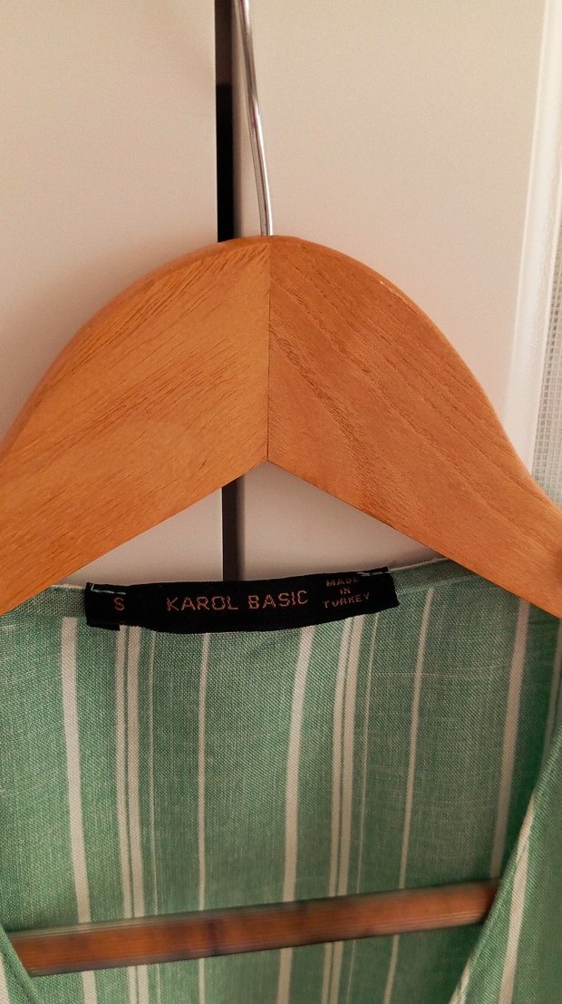 Düğmeli Çizgili Uzun Keten Elbise - Görsel 3