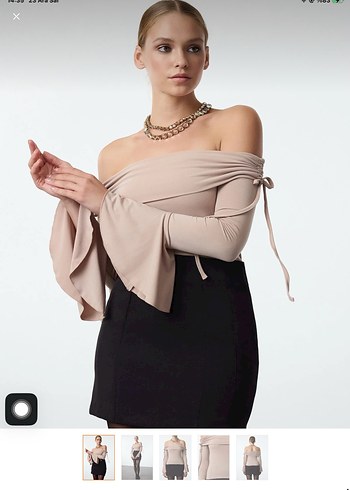 Drapeli Bej Kadın Bluz, Kayık Yaka, Uzun Kollu - Görsel 2