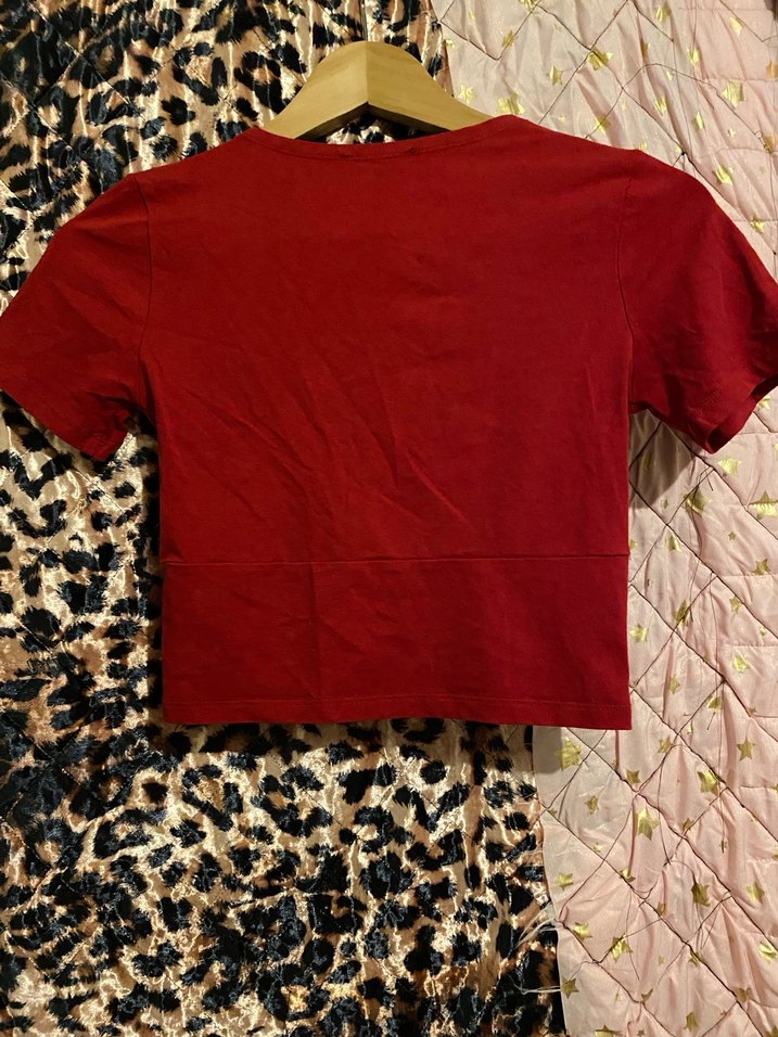 Kırmızı anvelop yaka Kısa Kollu crop Bluz - Görsel 2