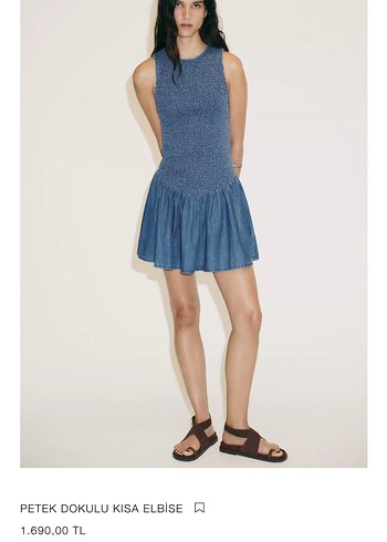 Zara Mavi Kolsuz Midi Denim Elbise