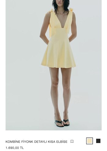 Zara Sarı Mini V Yaka Fiyonklu Elbise