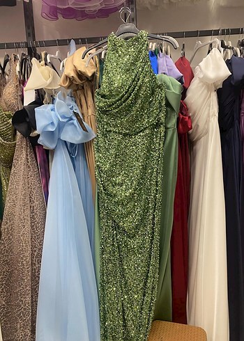 Zara Yeşil Drapeli Parlak Kadın Abiye Elbise