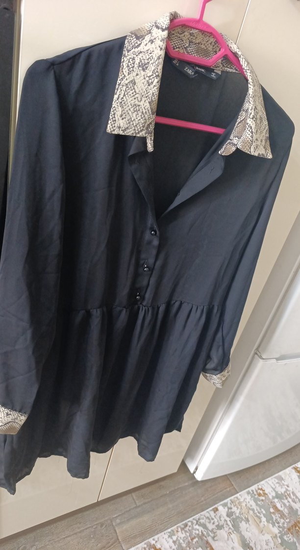 Zara Leopar Detaylı Düğmeli Siyah Şifon Elbise - Görsel 3