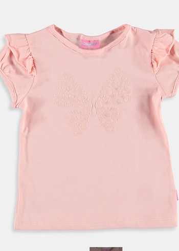 Kız Çocuk Pembe Somon renk Kelebek Baskılı Tişört - Görsel 6