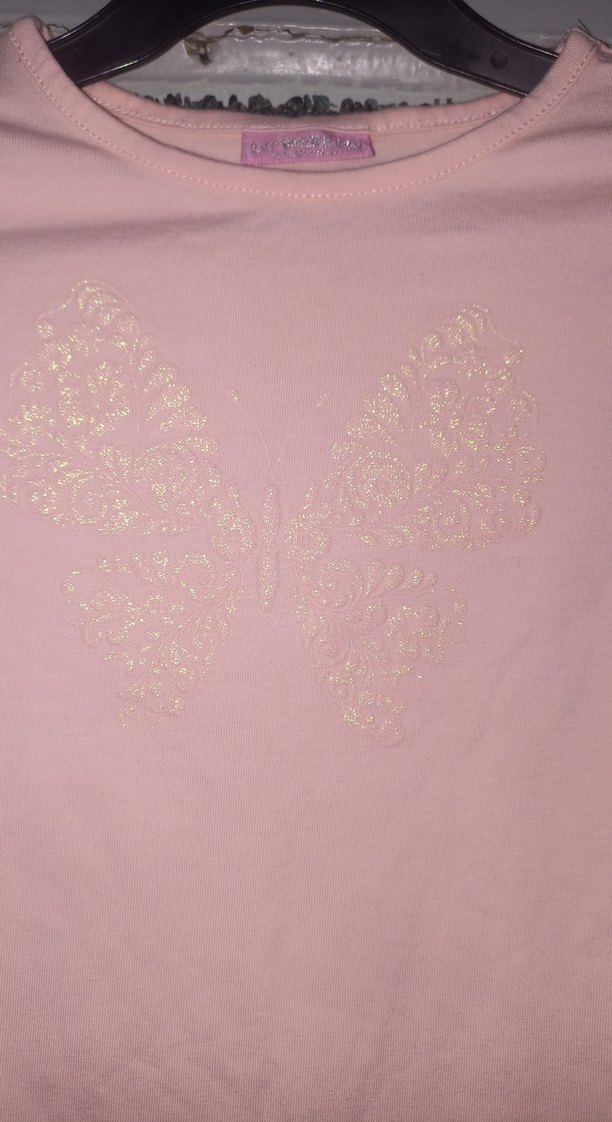 Kız Çocuk Pembe Somon renk Kelebek Baskılı Tişört - Görsel 4