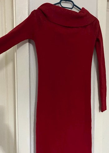 Bordo Uzun Kollu Yaka Detaylı Triko Elbise - Görsel 4