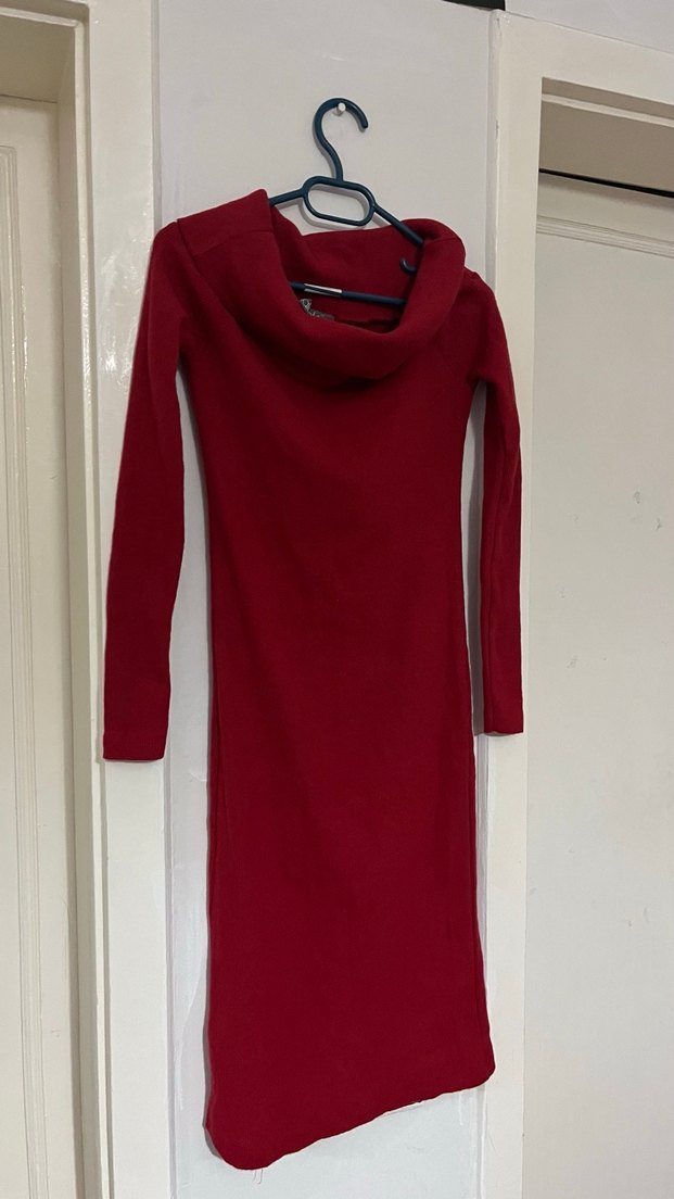 Bordo Uzun Kollu Yaka Detaylı Triko Elbise - Görsel 2