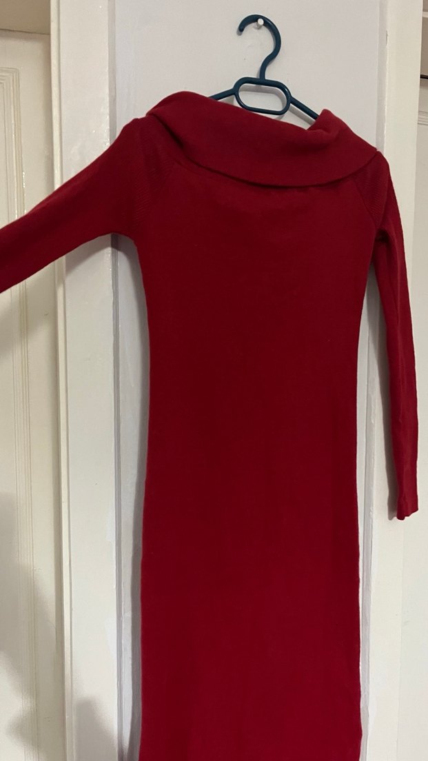 Bordo Uzun Kollu Yaka Detaylı Triko Elbise - Görsel 4