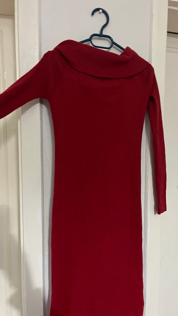 Bordo Uzun Kollu Yaka Detaylı Triko Elbise - Görsel 3