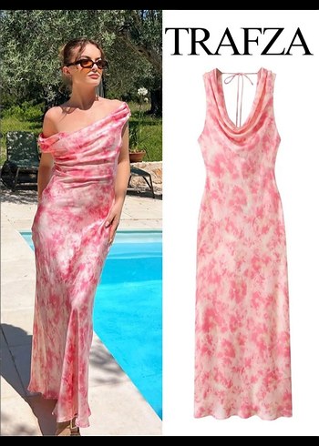 Pembe Drapeli Uzun Bohem Elbise