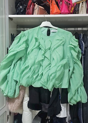 Zara Yeşil Fırfırlı Keten Mini Bluz