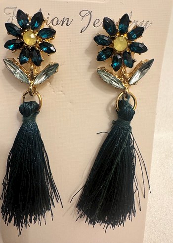 Çiçekli Yeşil Püskül Uzun Küpe - Görsel 2