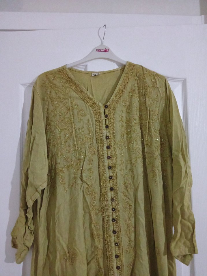 Uzun Keten Bohem Düğmeli Elbise - Görsel 3