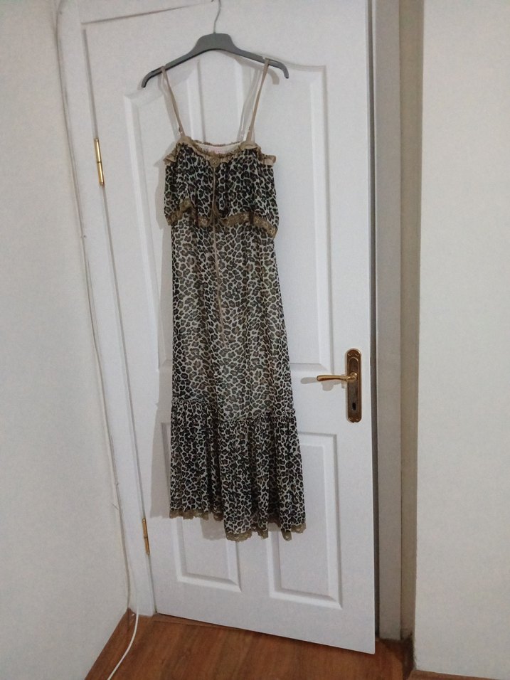 Leopar Desenli Uzun Askılı Bohem Elbise - Görsel 4
