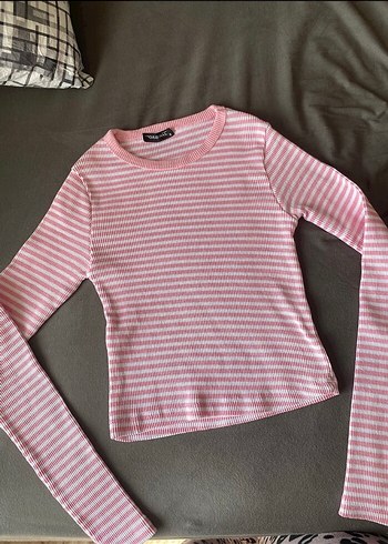Pembe Çizgili Uzun Kollu Triko Tişört