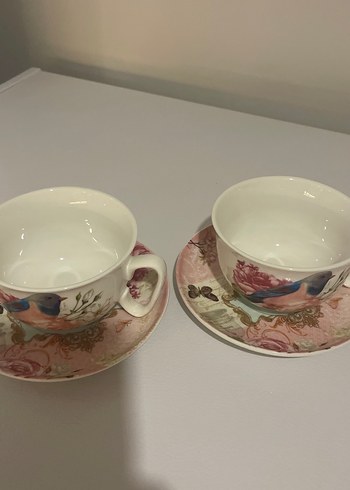 Pastel Pembe Kuş Desenli İkili Fincan Seti