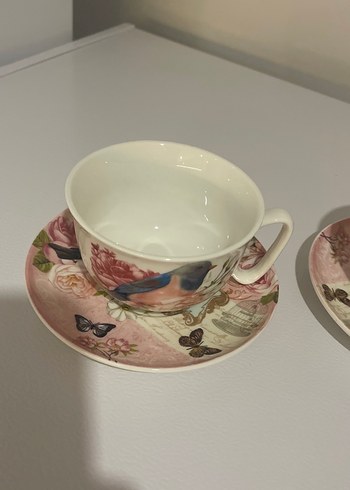  Beden pembe Renk Pastel Pembe Kuş Desenli İkili Fincan Seti