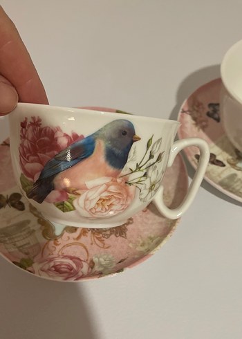 English Home Pastel Pembe Kuş Desenli İkili Fincan Seti