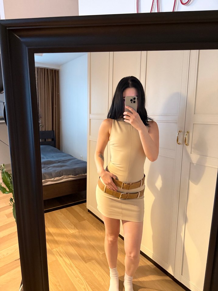 Bej Deri Kemer Detaylı Midi Elbise - Görsel 5