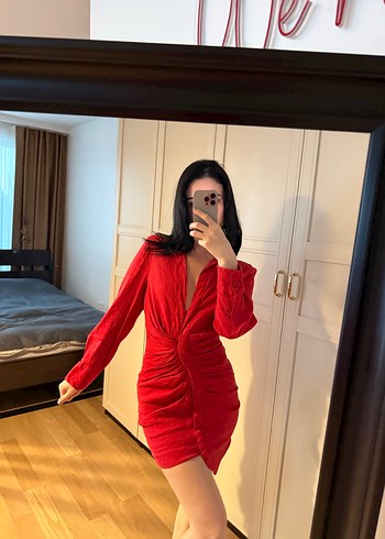 Kırmızı V Yakalı Uzun Kollu Mini Elbise - Görsel 3