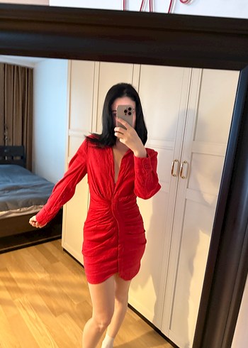 Kırmızı V Yakalı Uzun Kollu Mini Elbise - Görsel 2