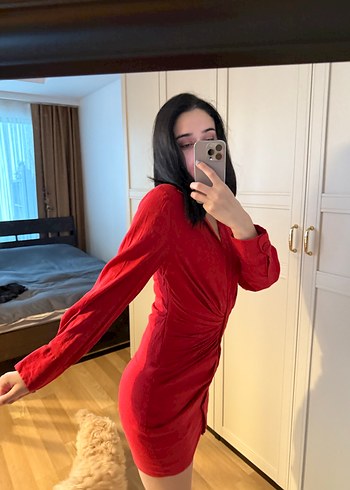 Kırmızı V Yakalı Uzun Kollu Mini Elbise - Görsel 4