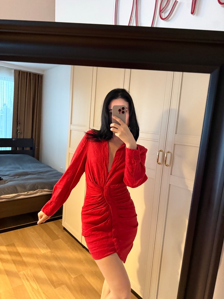 Kırmızı V Yakalı Uzun Kollu Mini Elbise - Görsel 3