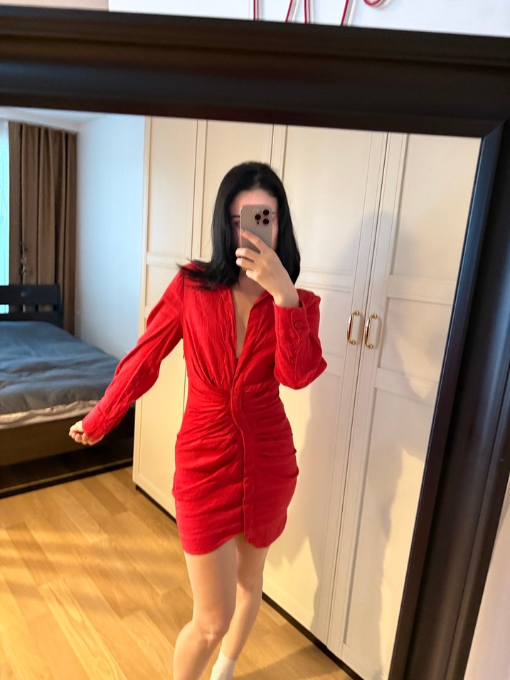 Kırmızı V Yakalı Uzun Kollu Mini Elbise - Görsel 2