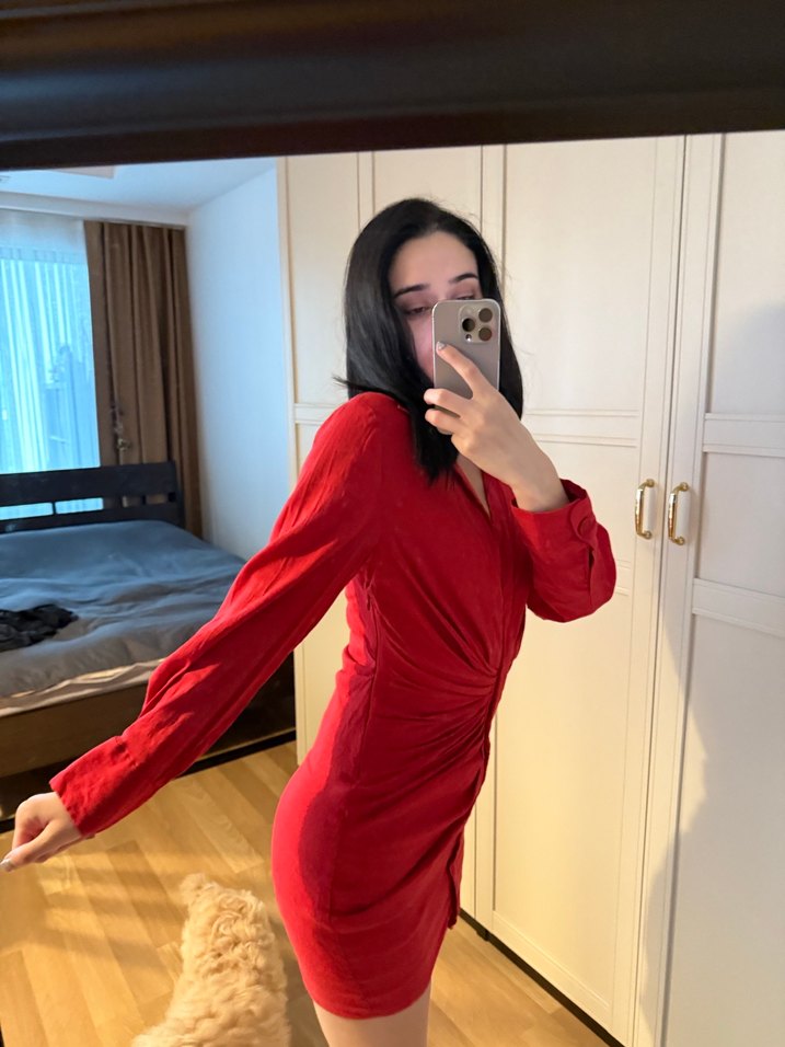 Kırmızı V Yakalı Uzun Kollu Mini Elbise - Görsel 4