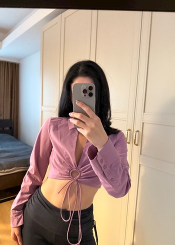 Pembe Halter Yaka Uzun Kollu Kadın Bluz - Görsel 3