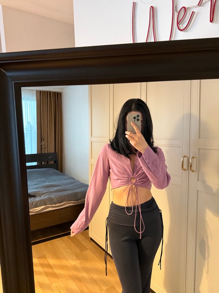 Pembe Halter Yaka Uzun Kollu Kadın Bluz - Görsel 2