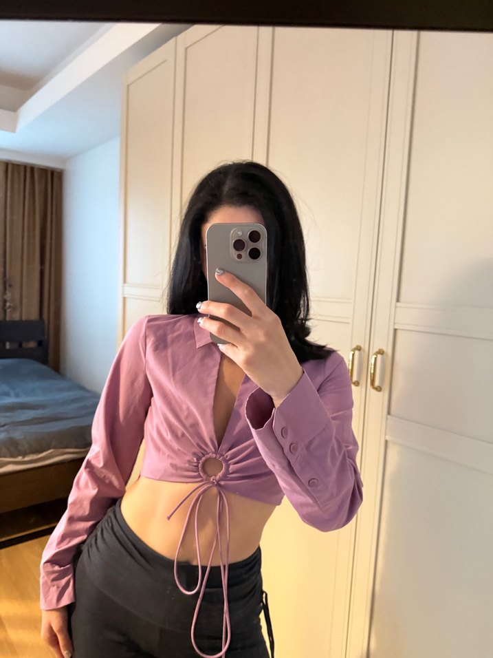 Pembe Halter Yaka Uzun Kollu Kadın Bluz - Görsel 3