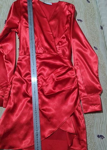 Uzun Kollu Kırmızı Saten Mini Elbise - Görsel 7