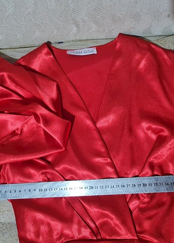 Uzun Kollu Kırmızı Saten Mini Elbise - Görsel 5