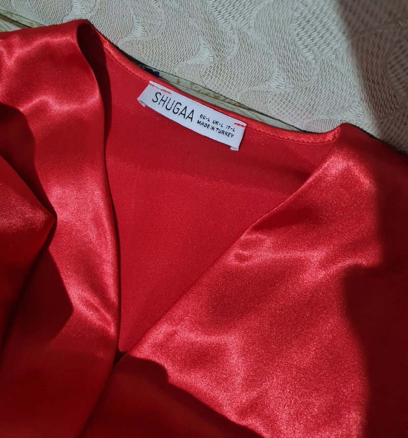 Uzun Kollu Kırmızı Saten Mini Elbise - Görsel 4
