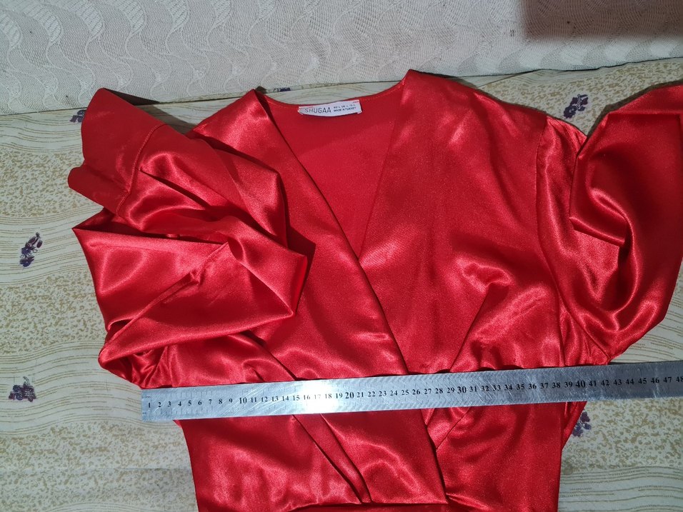 Uzun Kollu Kırmızı Saten Mini Elbise - Görsel 5