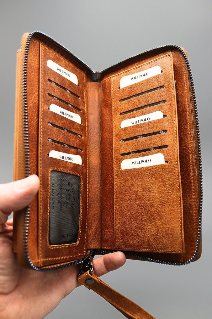 Hakiki Deri Telefon Bölmeli Crazy Taba Lüx El Çantası Portföy - Görsel 2