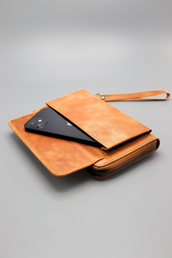 Hakiki Deri Telefon Bölmeli Crazy Taba Lüx El Çantası Portföy - Görsel 3